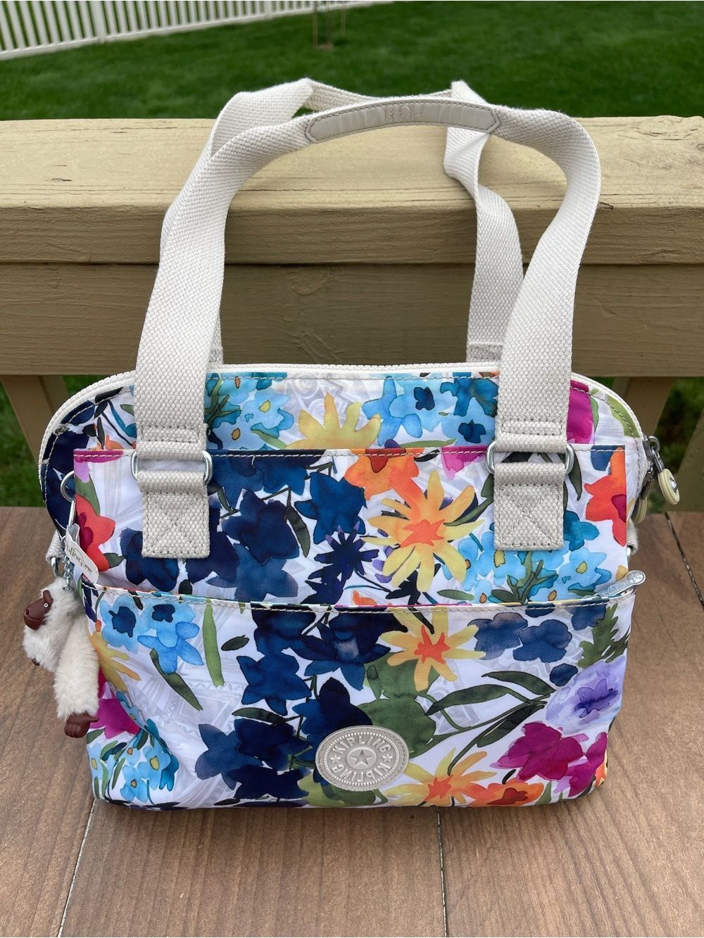 Kipling Women's Multicolor Floral Satchel Zip Top Double Handles Beige Silver